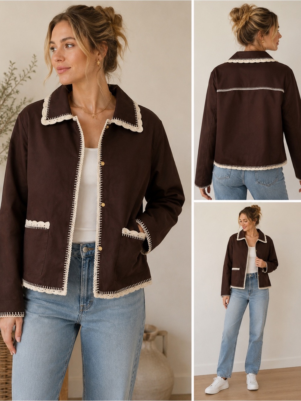 Bagatelle Collection New York Brown Faux Suede Jacket with Crochet Trim Size 2X
